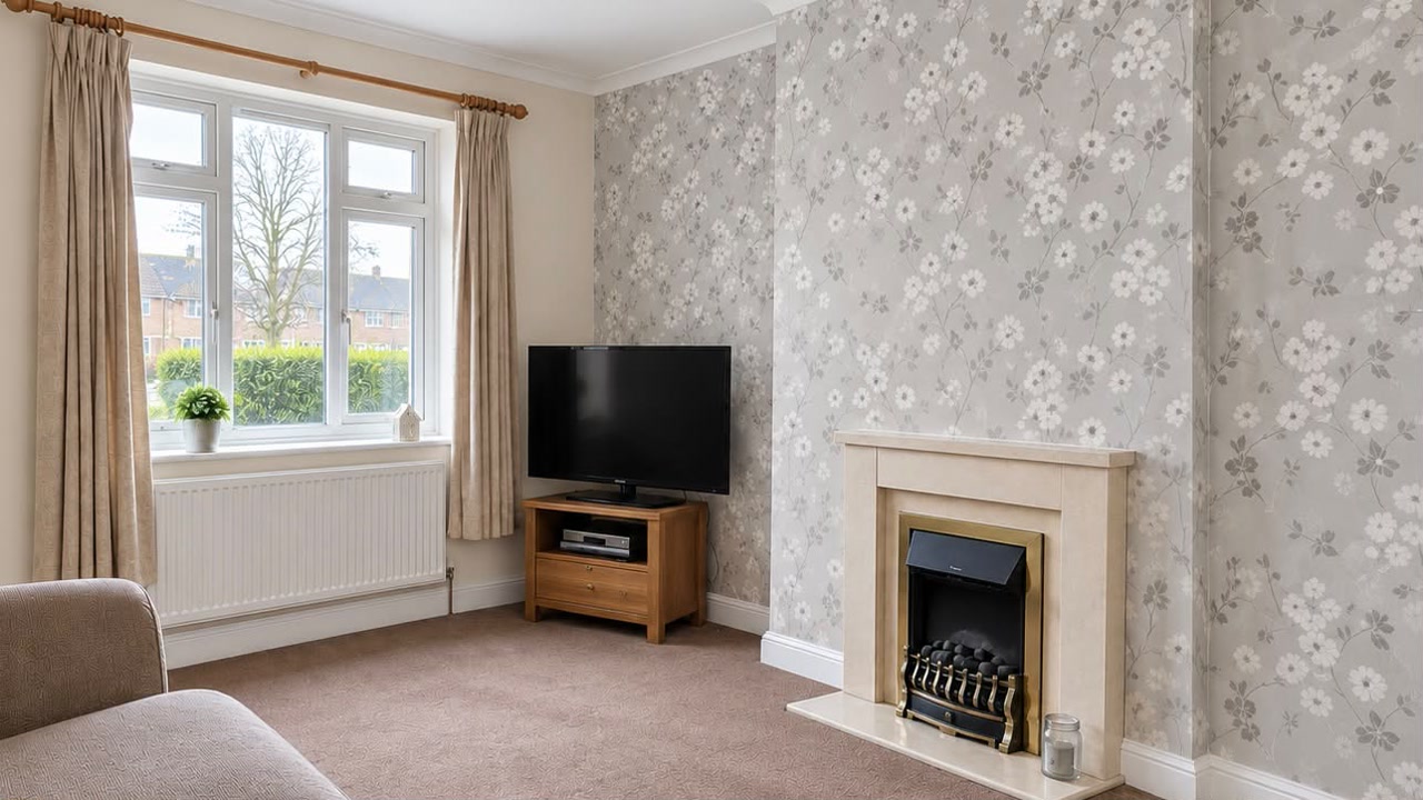Living room after new floral wallpaper was hung