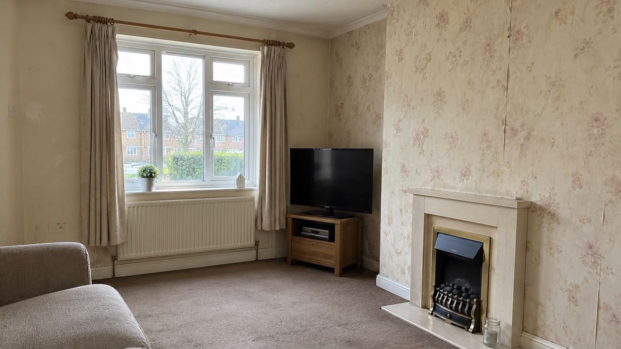 Living room before replacement wallpaper was installed